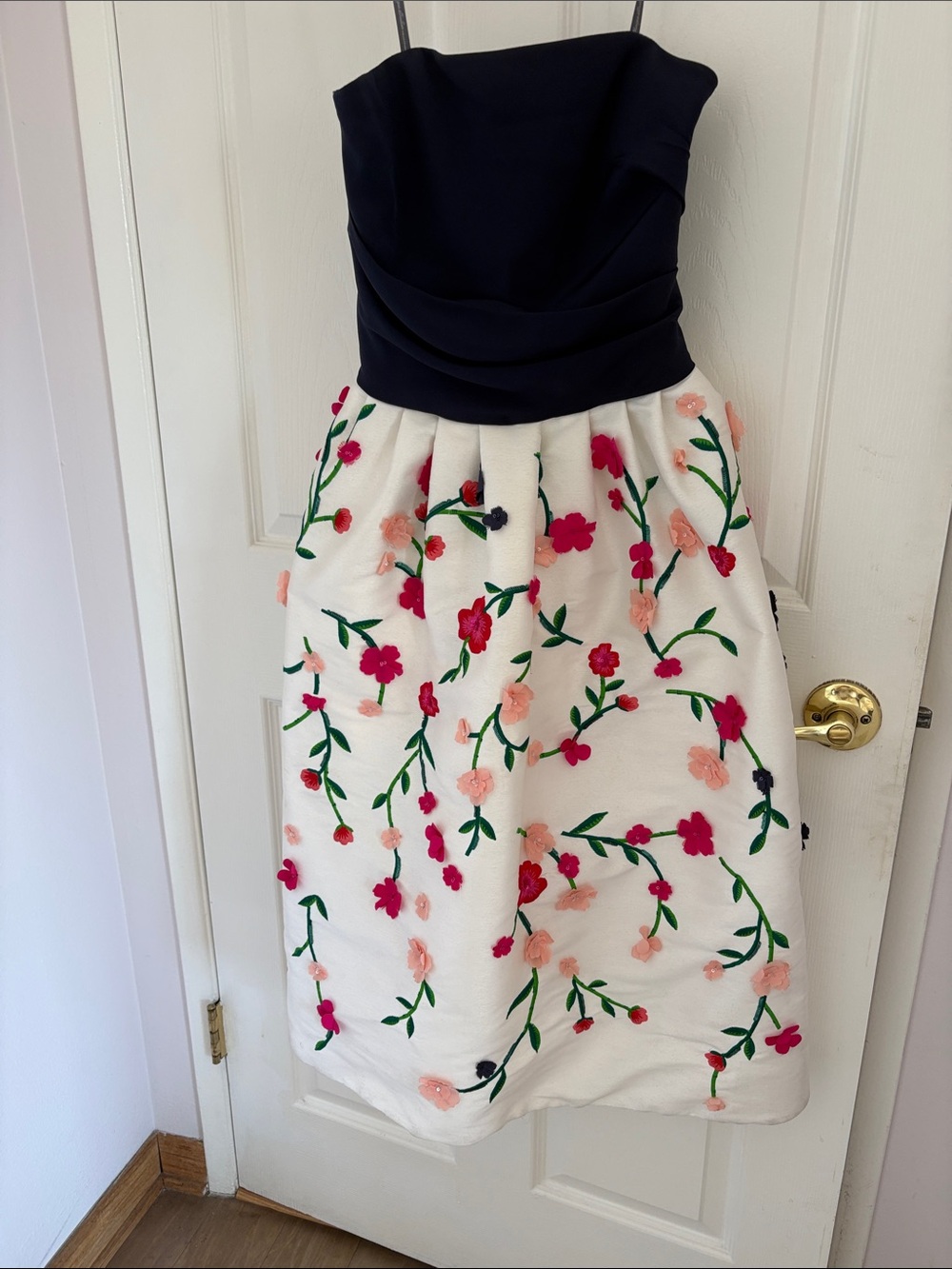 Monique Lhuillier Navy Bodice White Skirt with Pink & Green Floral Embroidery
